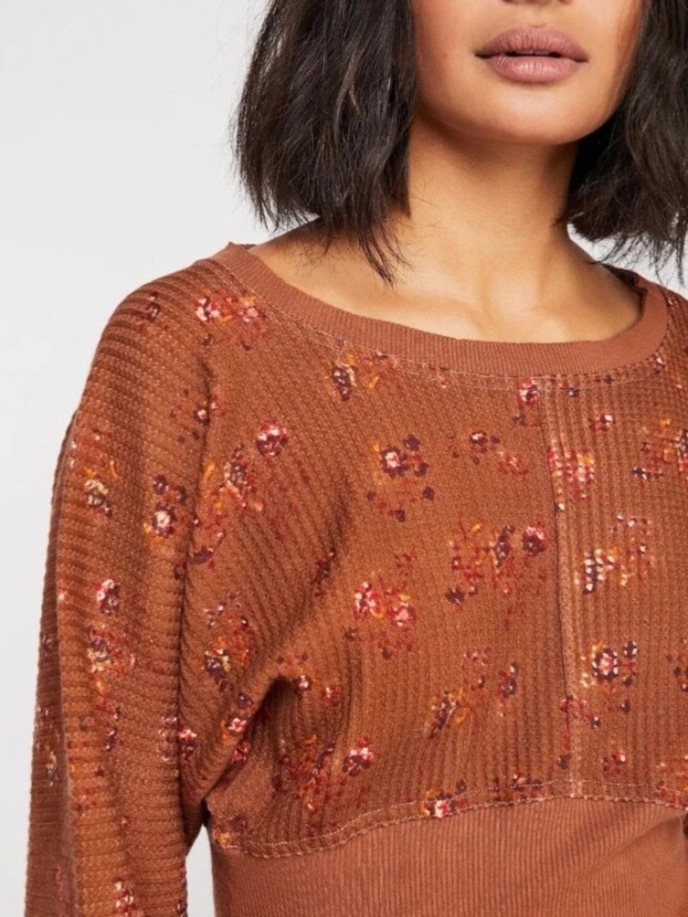 Free People Burnt Orange Floral Scoop-Neck Cropped Sweater - Picture 2 of 7